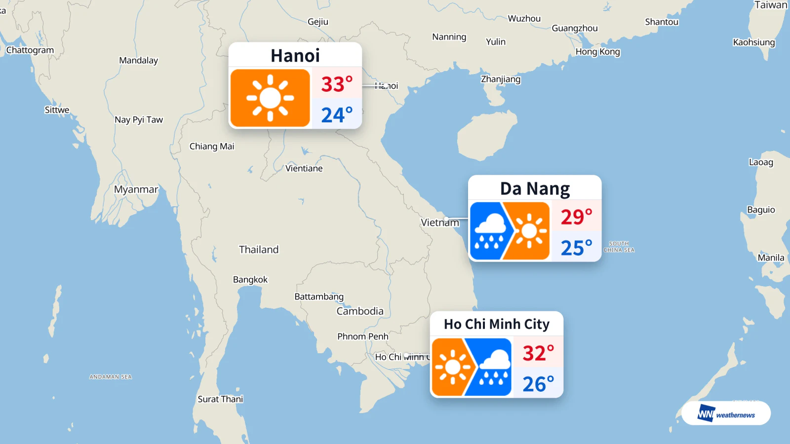 Hari ini Ho Chi Minh City cerah kemudian hujan, Da Nang hujan pada pukul 9:00, Hanoi cerah