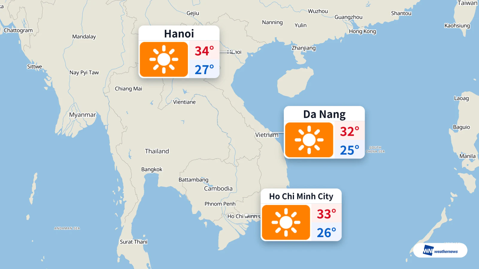 आज 24/10: हनोई में धूप, अधिकतम 34°C; हो ची मिन्ह सिटी और दा नांग में बारिश की कम संभावना