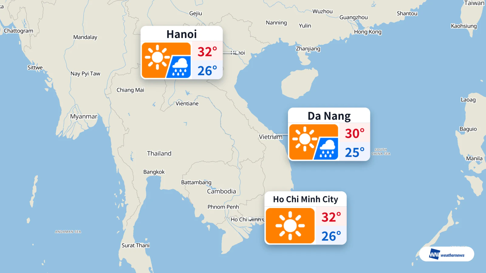 วันนี้ฮานอยมีฝนเวลา 15:00 น. โฮจิมินห์มีแดด ส่วนดานังมีแดดสลับฝน