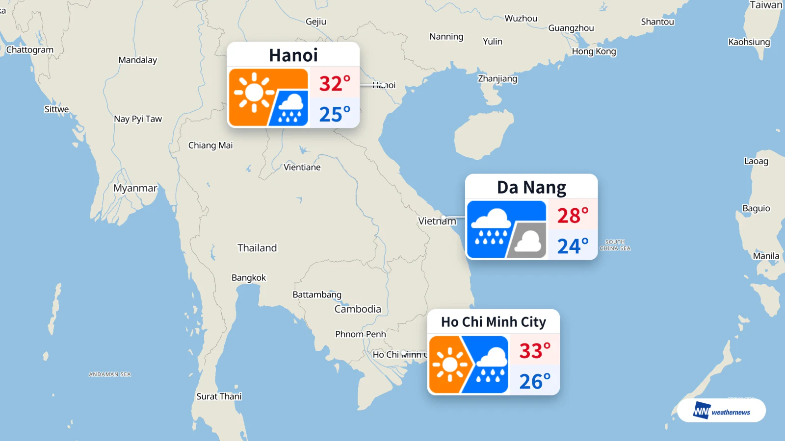 今日胡志明市 26–33 °C、河內 25–32 °C、峴港 24–28 °C