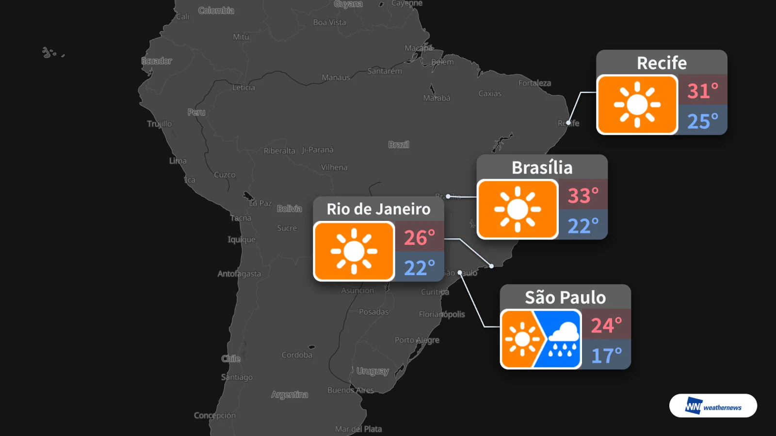 Demain, 13/10 : pluie à São Paulo ; soleil à Brasilia, Rio et Recife