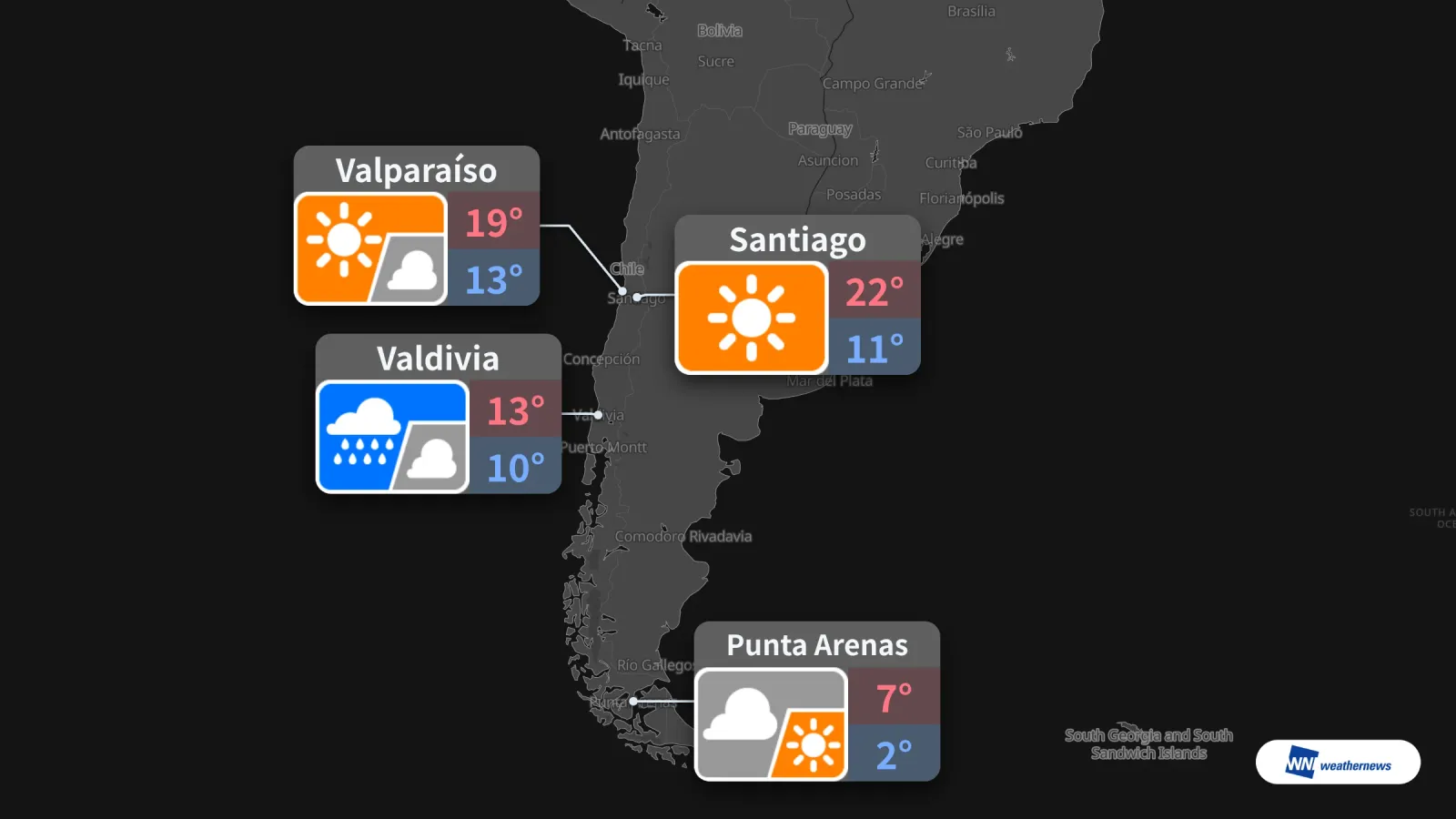 Météo de demain au Chili : soleil à Santiago, pluie à Valdivia