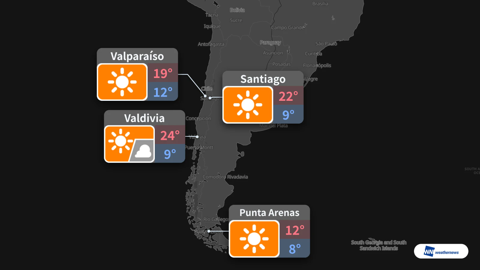 Cuaca besok, Kamis 15: cerah dengan suhu maksimum 22 °C di Santiago