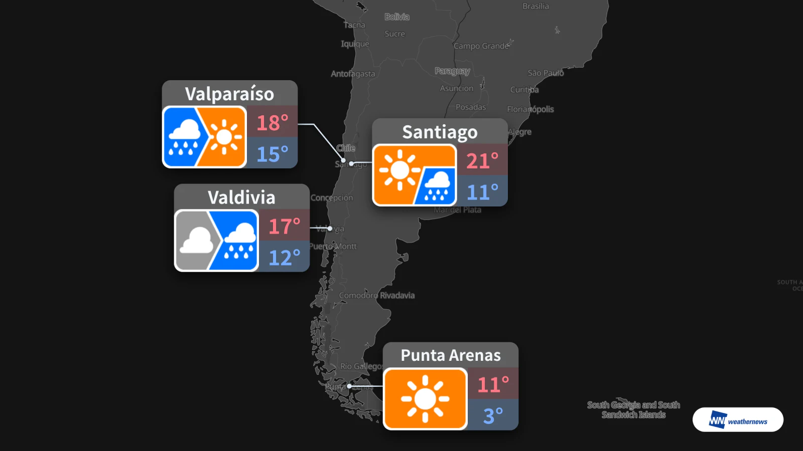 Demain 21 octobre : pluie à Santiago et Valdivia