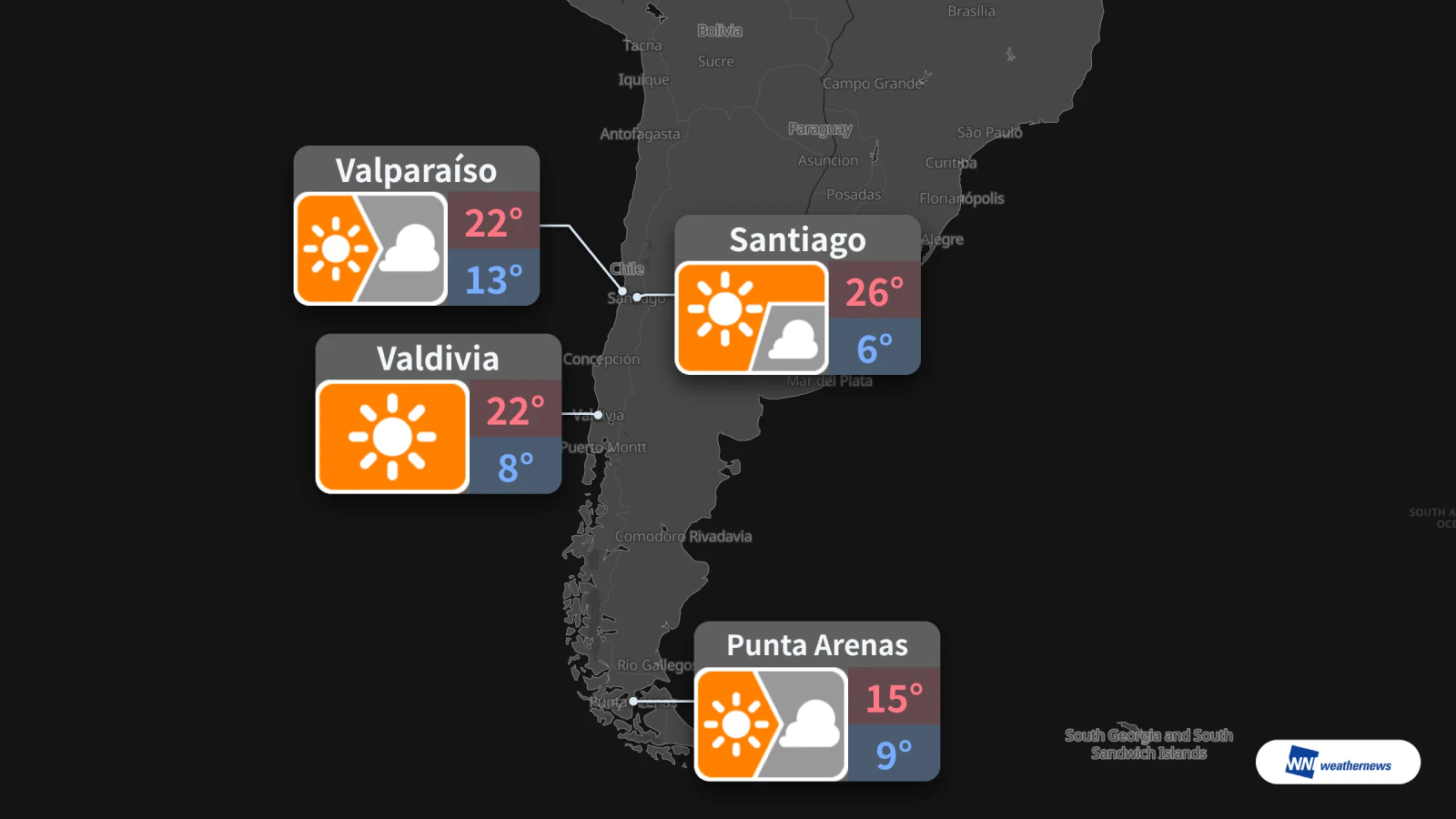 Esok, Ahad 25: Santiago cerah, 26 °C; Valparaíso berawan