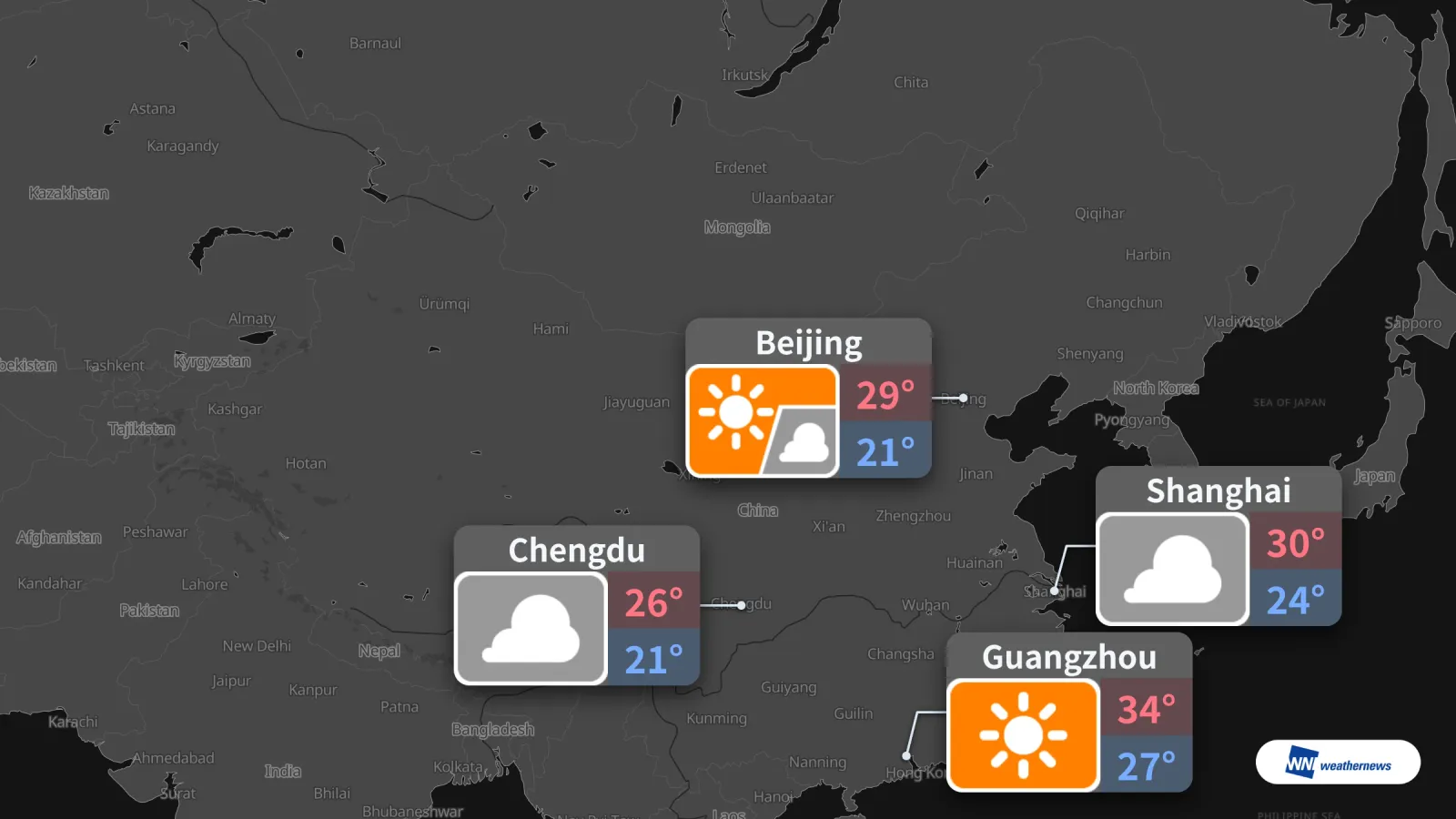 Tomorrow: Beijing Sunny with Periods of Cloud, Chengdu and Shanghai Overcast, Guangzhou Sunny and Hot