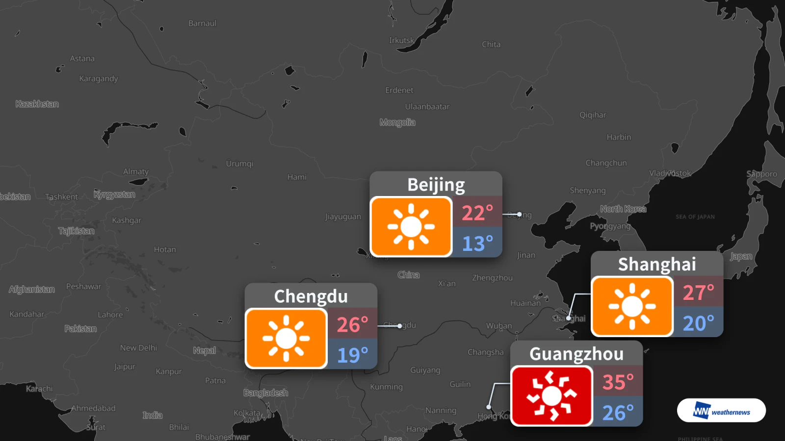Demain, soleil à Pékin et forte chaleur à Canton, jusqu’à 35 °C