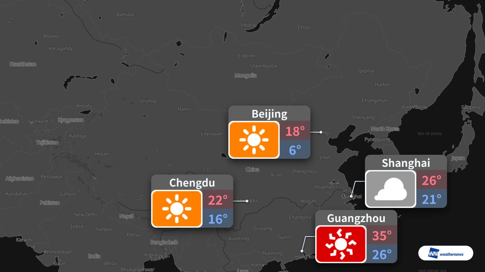 Météo de demain, 19 octobre : ciel dégagé à Pékin, fortes chaleurs à Guangzhou, ciel couvert à Shanghai