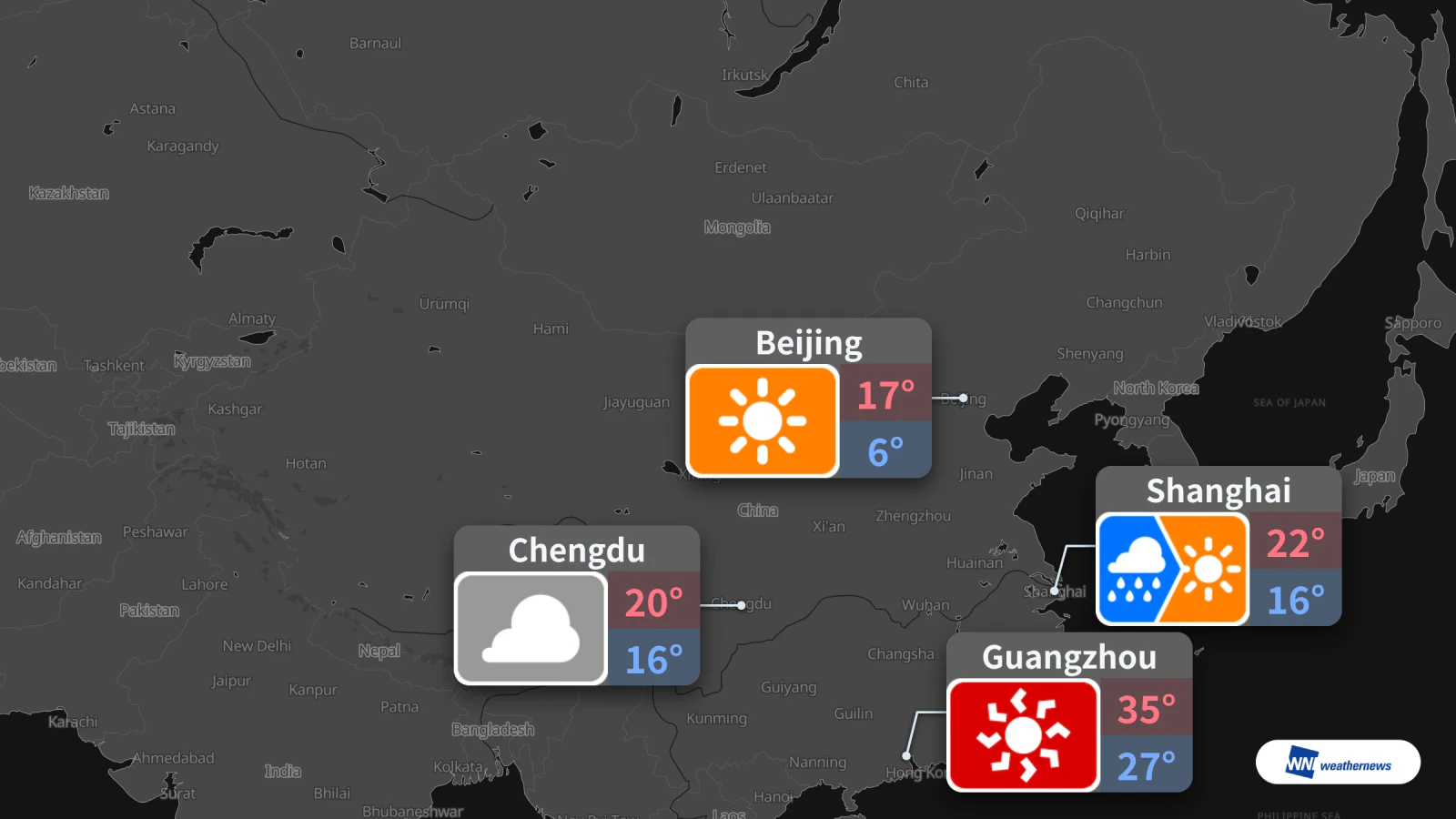 Besok, 21 Oktober: Beijing cerah dengan suhu tertinggi 17°C; Shanghai hujan lalu cerah