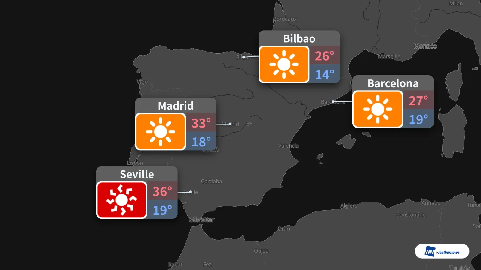 Esok, panas melampau di Sevilla dan cuaca cerah di Madrid, Bilbao serta Barcelona
