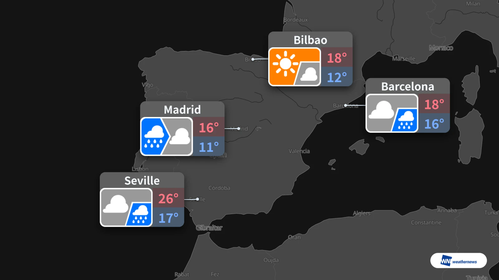 Prévisions pour demain, dimanche 18 : pluie à Madrid et Séville