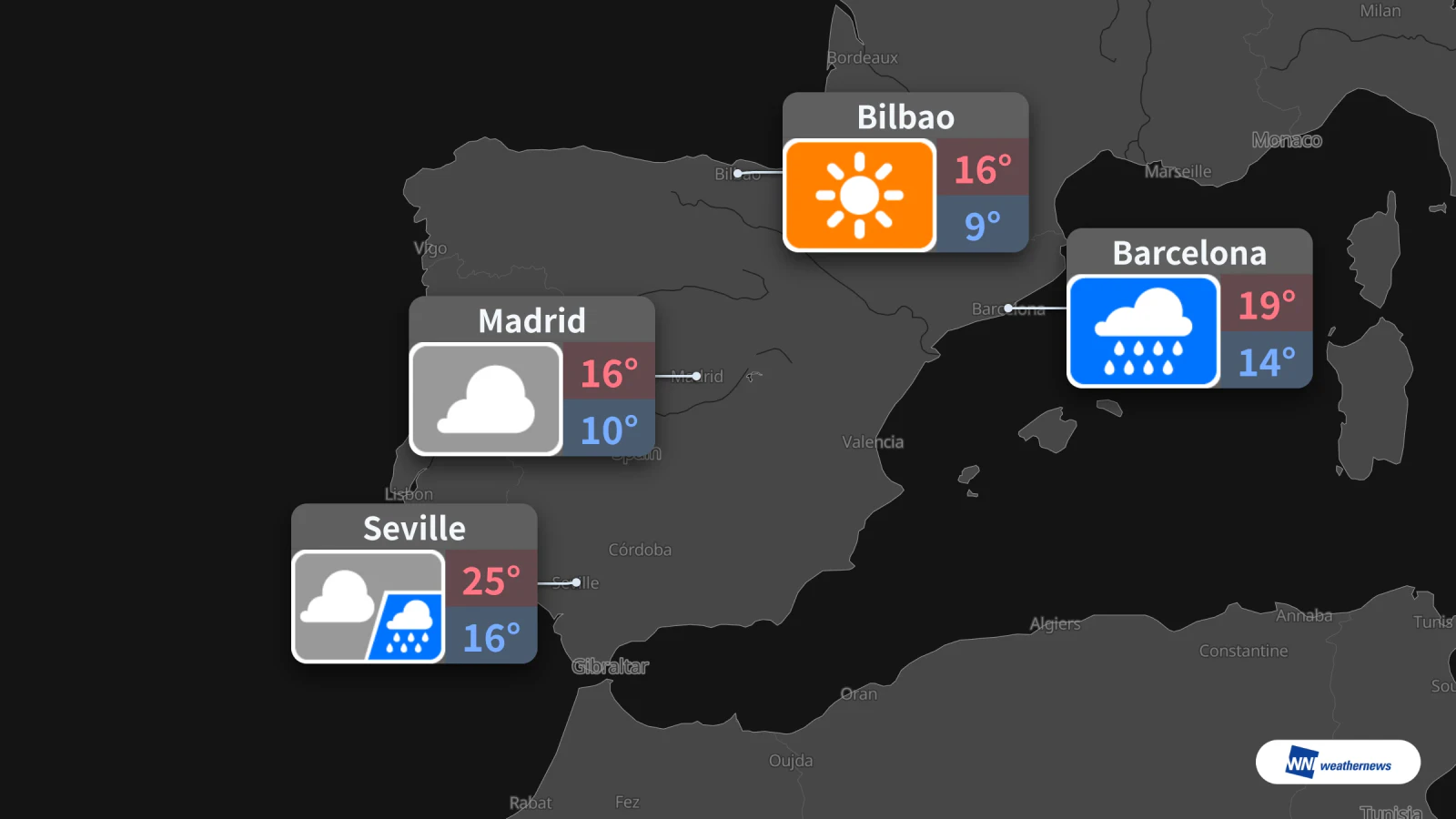 Prévisions pour demain lundi : pluie à Barcelone et Séville