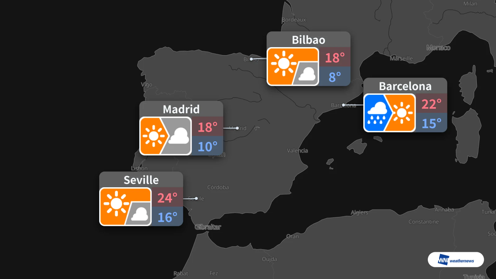 Prévisions pour demain mardi : pluie à Barcelone et soleil à Séville
