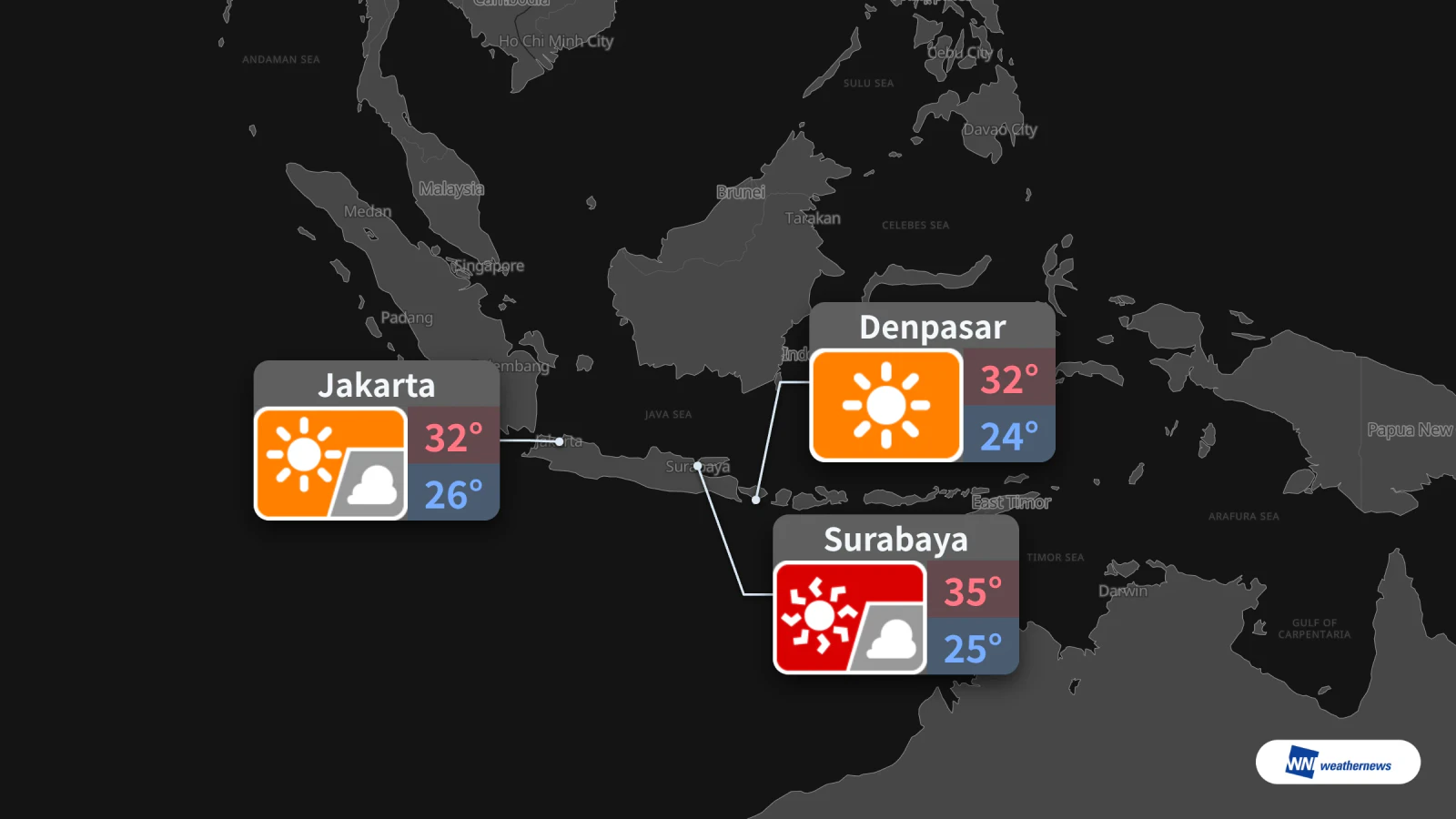 Demain, 26 octobre : ciel partiellement nuageux à Jakarta, chaleur extrême à Surabaya