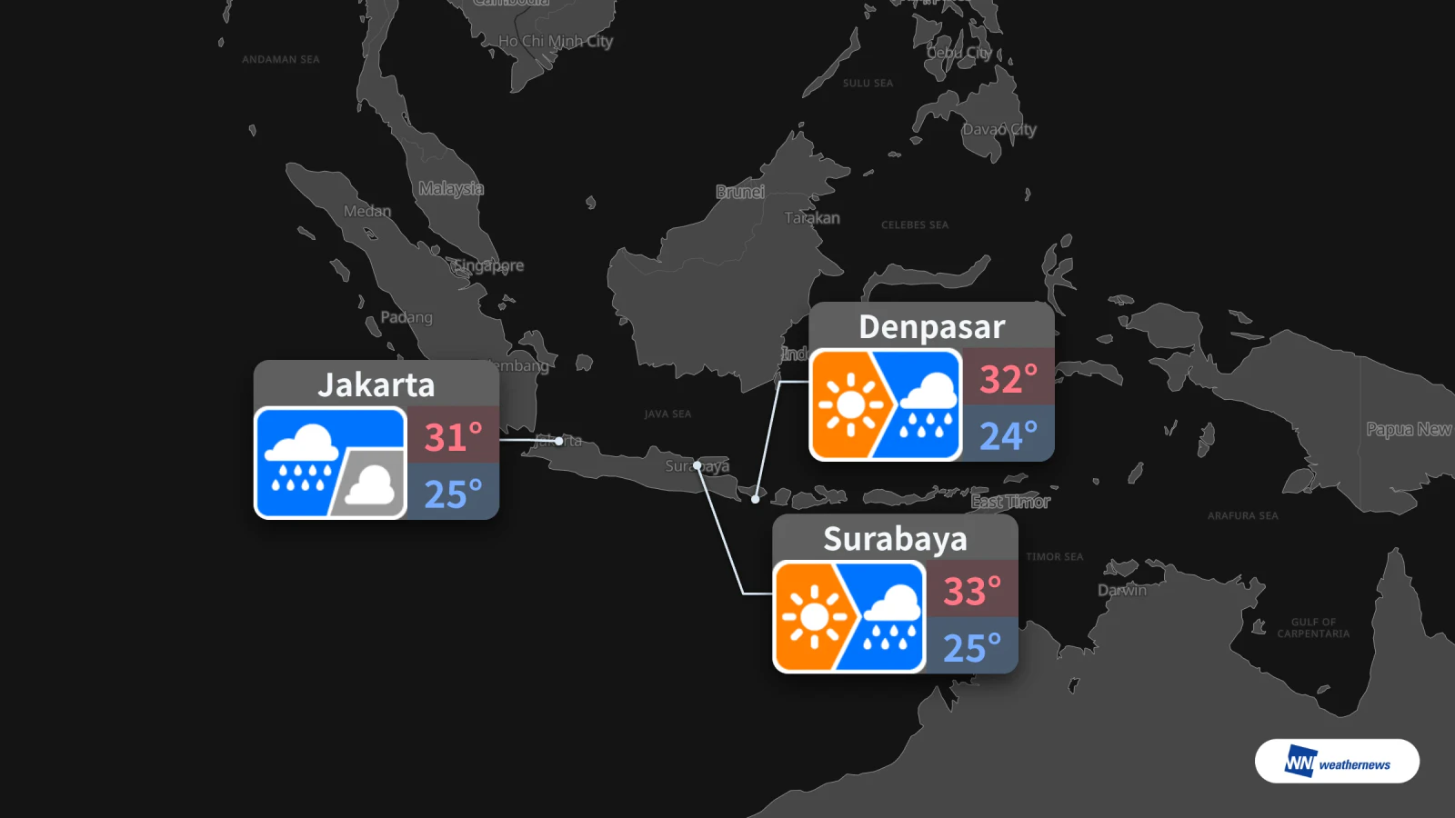 Météo de demain, 28 octobre : pluie à Jakarta, Denpasar et Surabaya