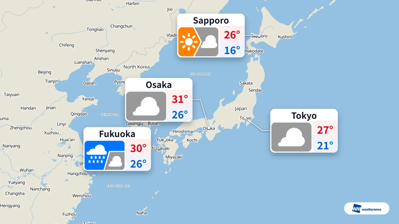Domingo nublado e quente em Tóquio, enquanto Fukuoka tem chuva ocasional