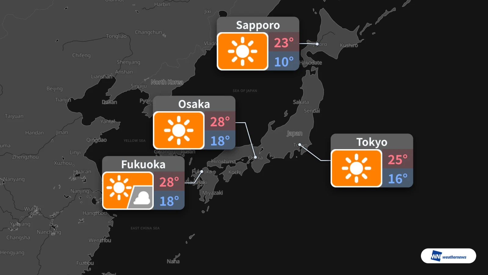 Demain, 9 octobre : soleil à Tokyo, Osaka, Fukuoka et Sapporo
