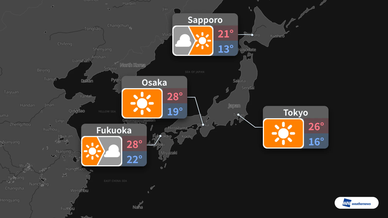 Demain, 11 octobre : soleil à Tokyo et Osaka, ciel nuageux à Sapporo