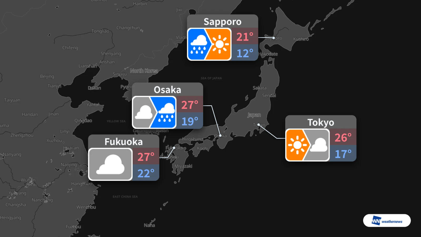 Demain, 19 octobre : pluie à Osaka et Sapporo, ciel nuageux à Tokyo