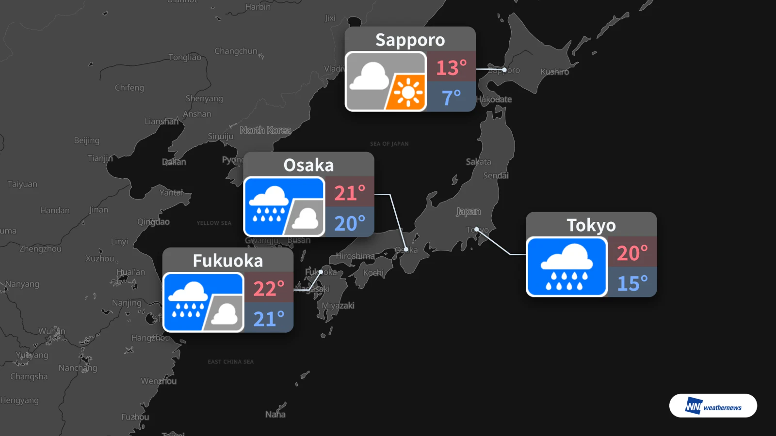 Demain, 26 octobre : pluie à Tokyo et Osaka, ciel nuageux à Sapporo