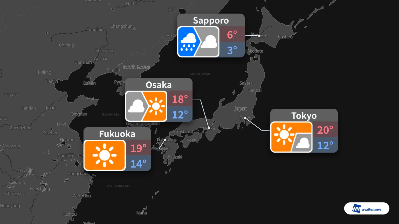 Prévisions pour demain, 28 octobre : soleil à Tokyo, pluie à Sapporo