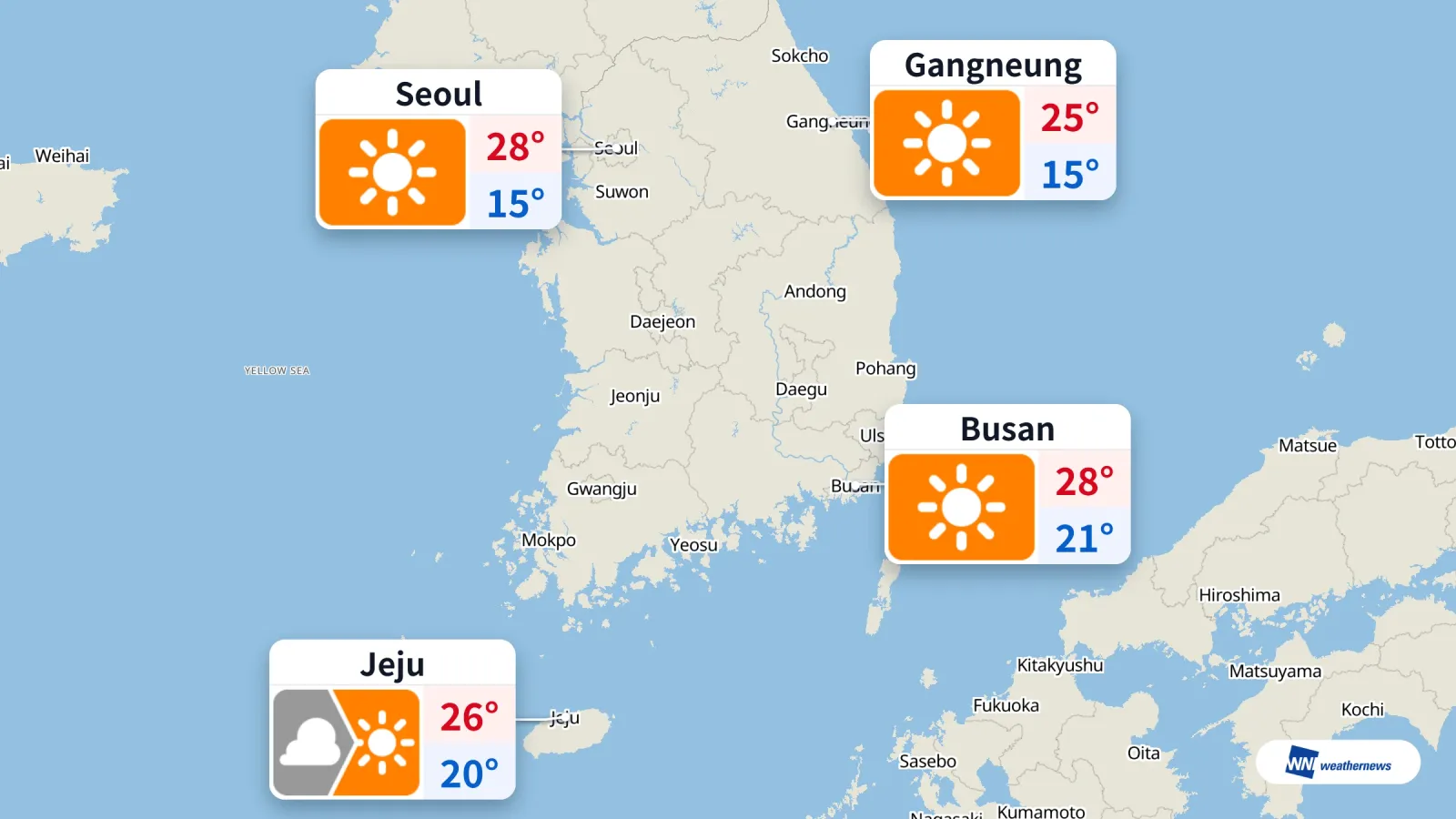 Mercredi 16 septembre : ciel dégagé à Séoul et Busan, nuageux à Jeju dans la matinée