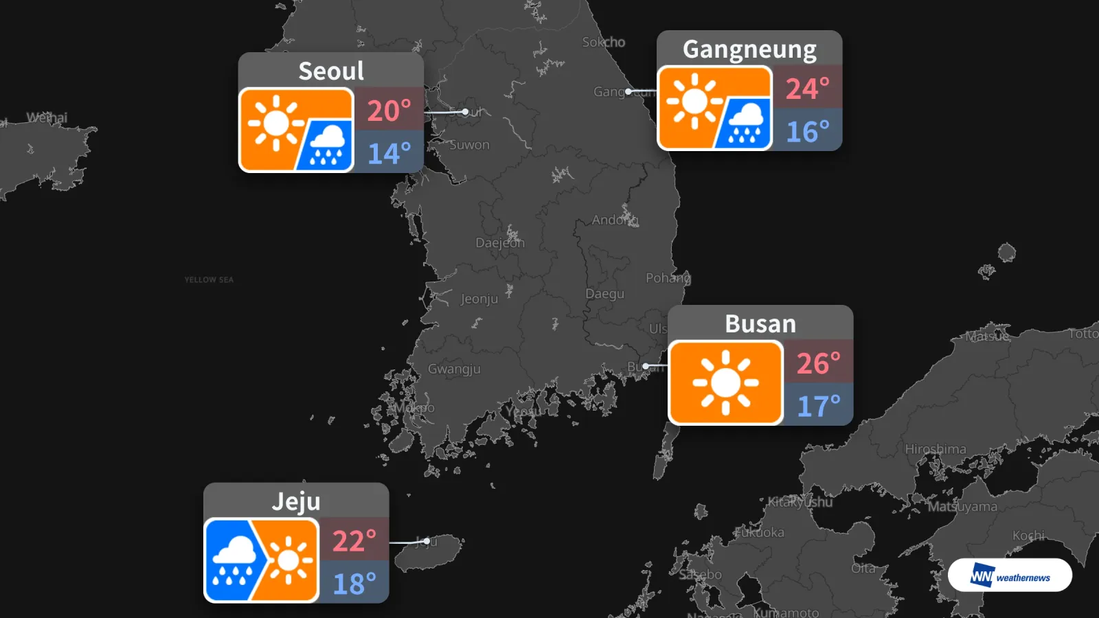 Demain : soleil et averses par moments à Séoul, éclaircies après la pluie à Jeju