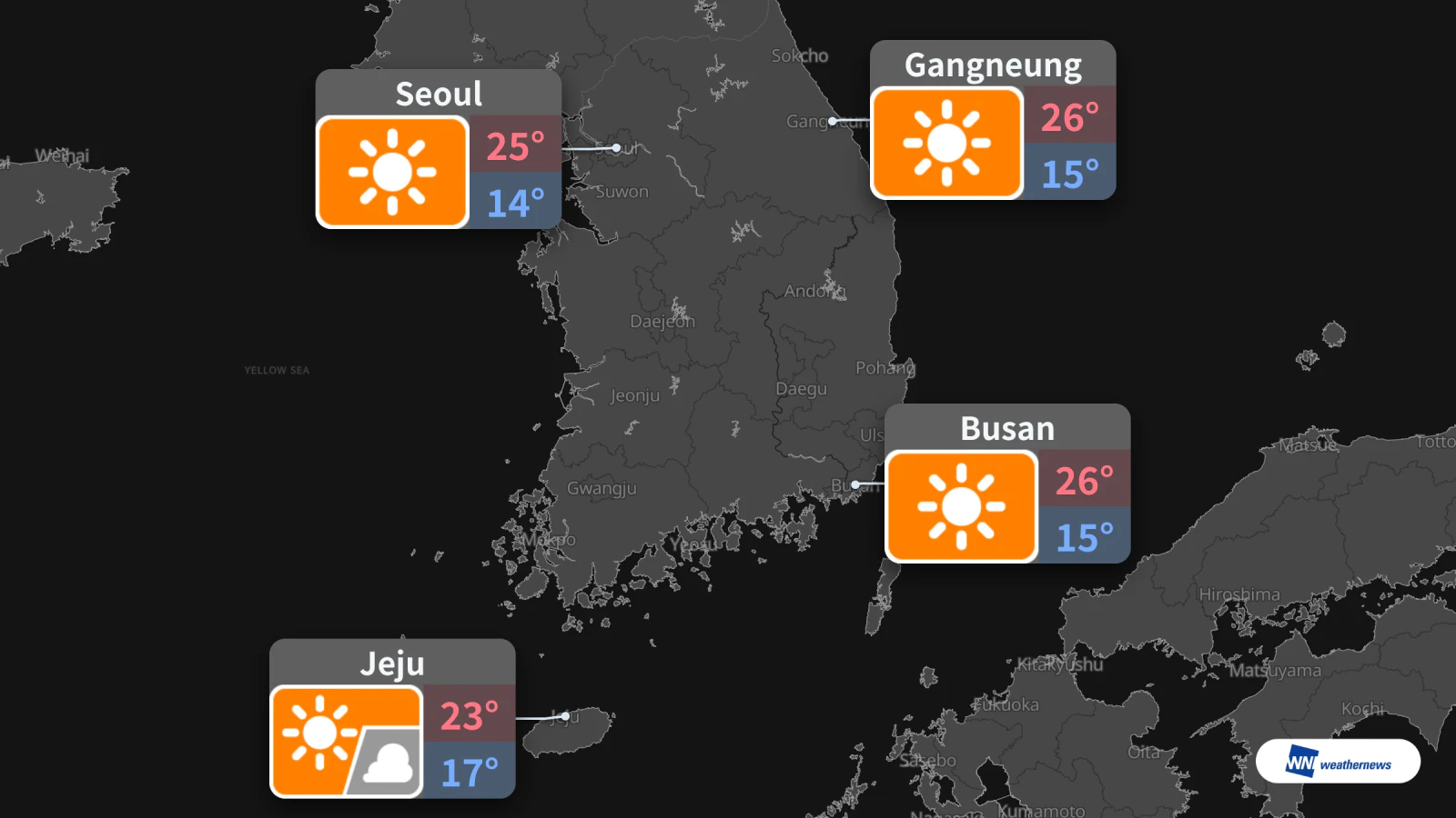 Esok, Seoul cerah dengan suhu maksimum 25°C; Jeju berawan seketika