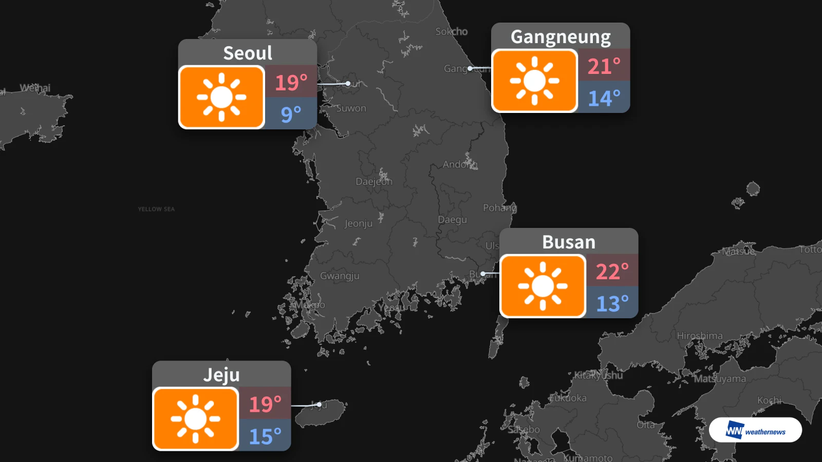 Esok, 14 haribulan: Seoul maksimum 19°C, 4 bandar dijangka cerah
