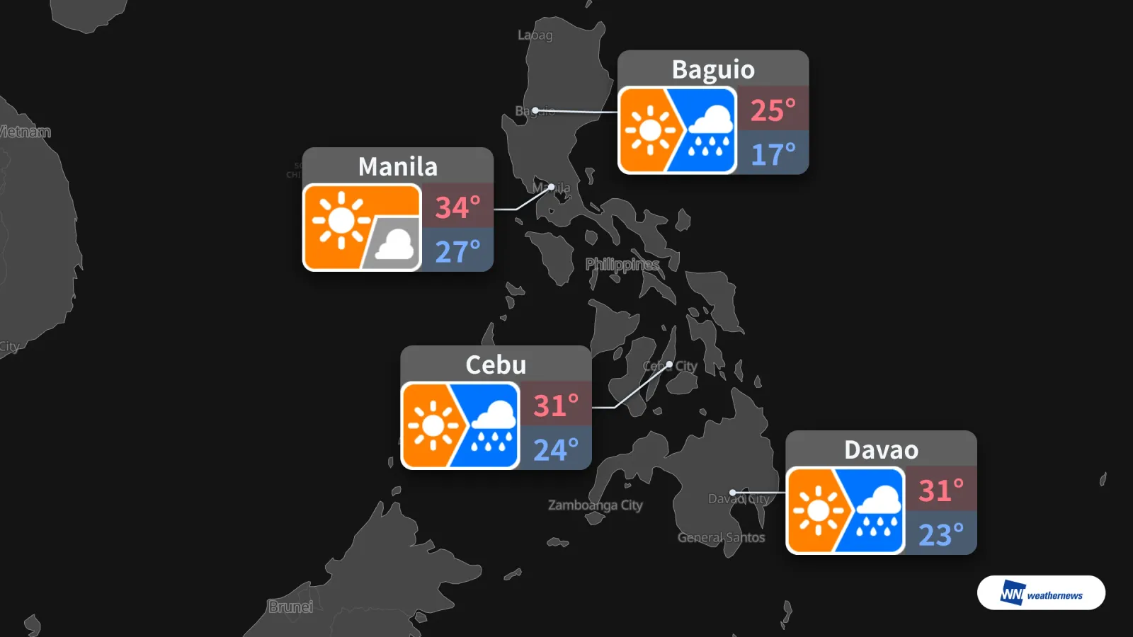 Demain : soleil et chaleur à Manille ; pluie à midi à Cebu et Davao