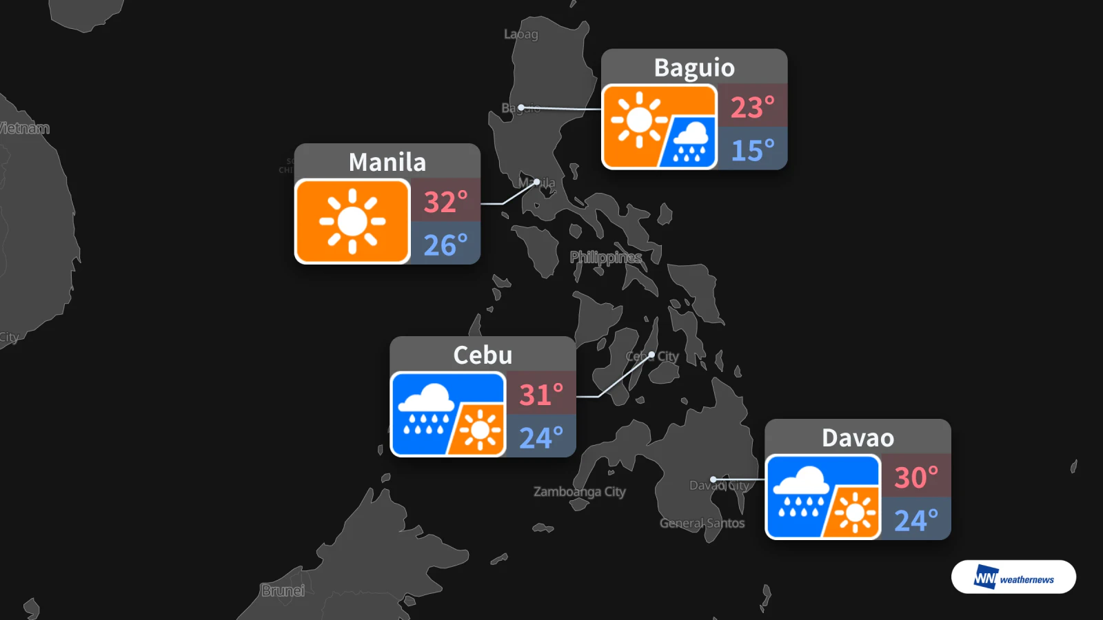 Demain, vendredi 9 octobre : soleil à Manille, pluie à Cebu et Davao