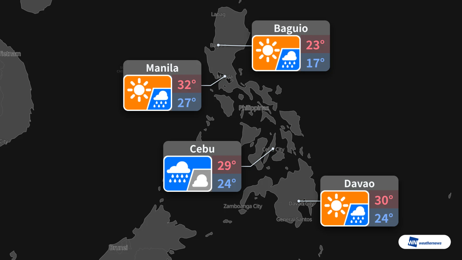 Demain, 24 octobre : pluie à Cebu, éclaircies et averses à Manille