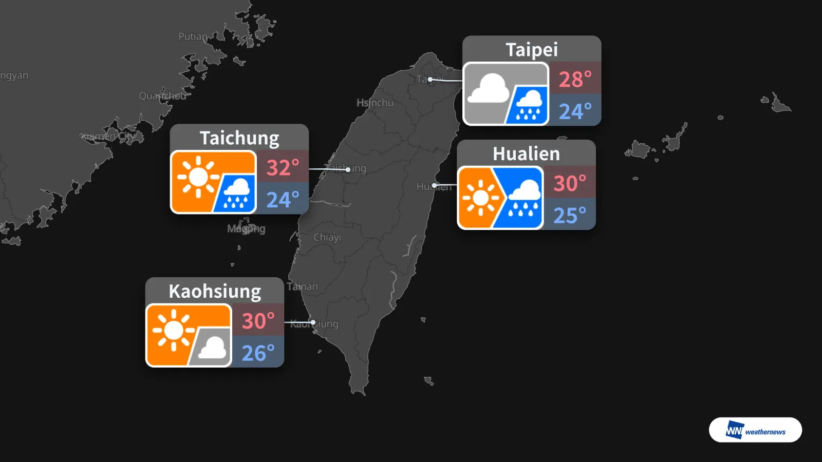 Météo de demain, 2 octobre : ciel nuageux avec des pluies par moments à Taipei, soleil puis pluie à Hualien