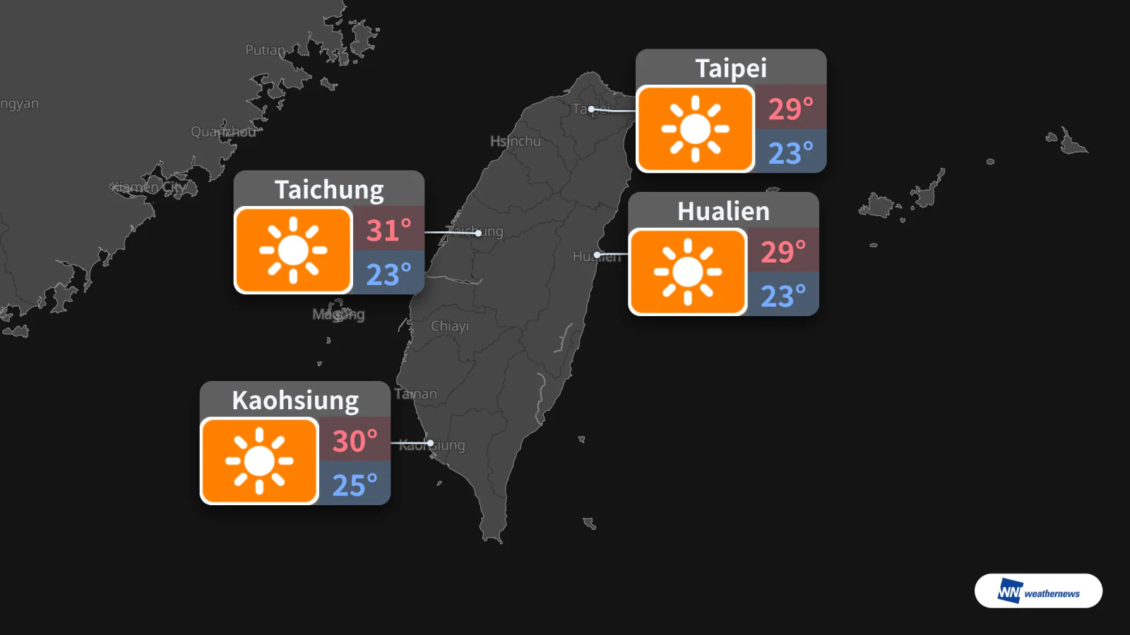 Demain, 9 octobre : beau temps dans quatre villes, jusqu’à 29 °C à Taipei