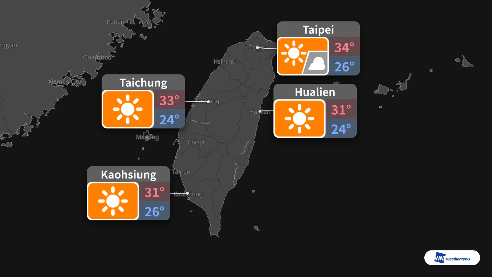 Demain, ciel partiellement nuageux à Taipei, jusqu’à 34 °C ; soleil à Taichung, Kaohsiung et Hualien