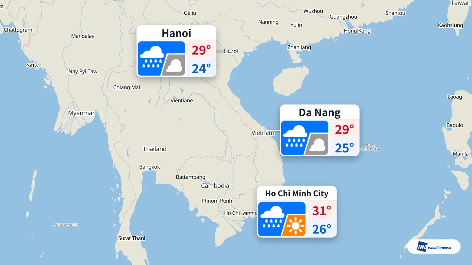 Ramalan cuaca esok 14/9: Hujan di Ho Chi Minh City, Hanoi dan Da Nang