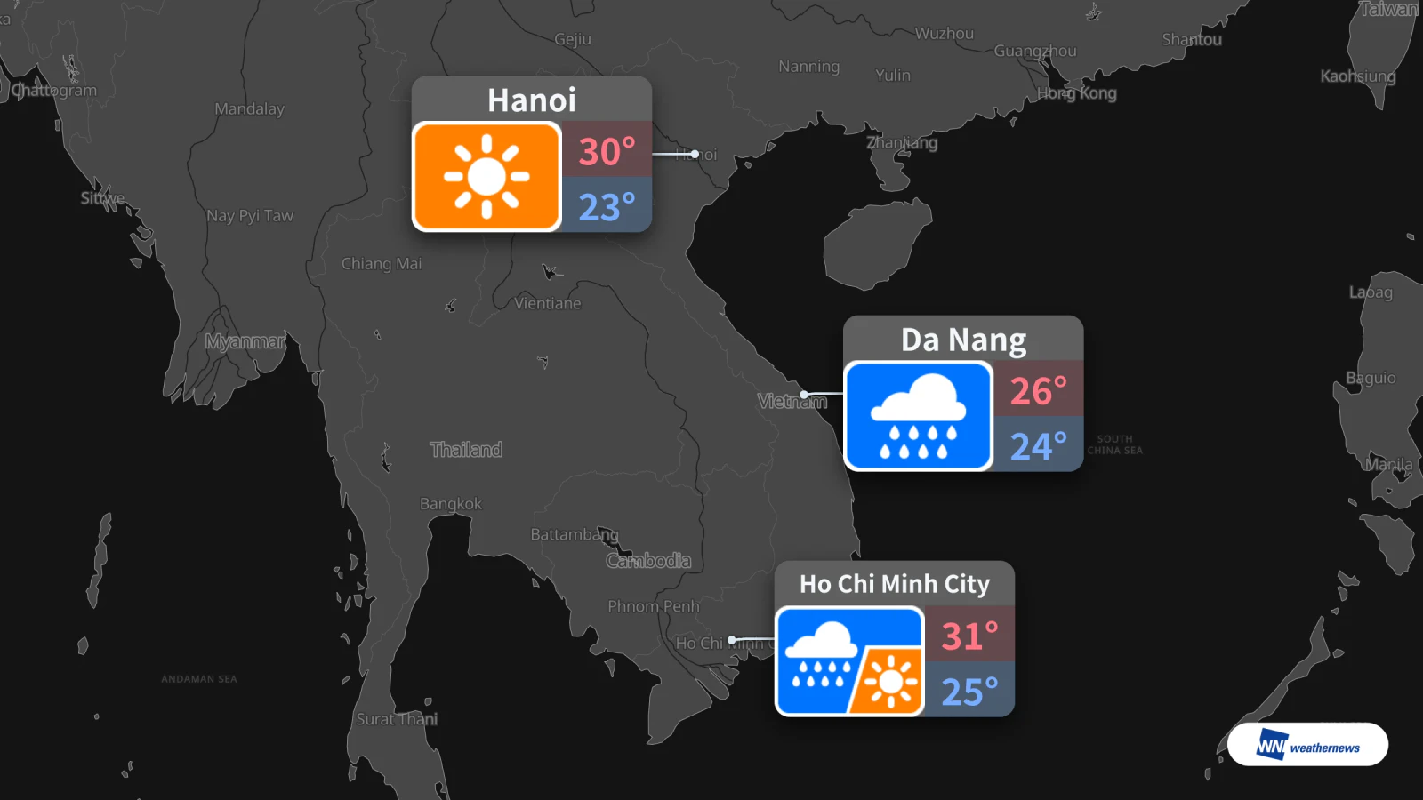 Prévisions pour demain, 8/10 : pluie à Hô Chi Minh-Ville et à Đà Nẵng, soleil à Hanoï