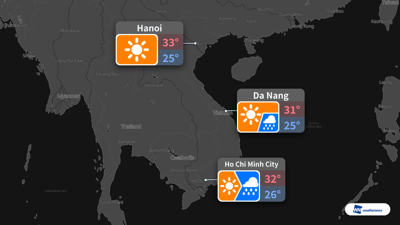 Esok 22/10: Hujan di Ho Chi Minh City pada 15:00, Hanoi dan Da Nang cerah
