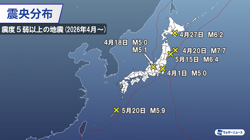 震央分布（震度5弱以上の地震 2026年4月〜）
