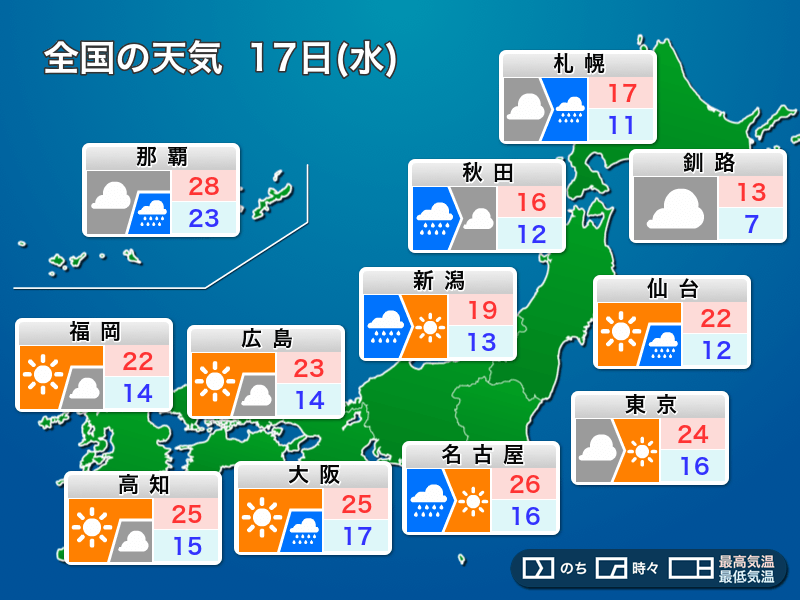明日4月17日(水)の天気予報 上空を寒気が通過 関東から北は急な雷雨に