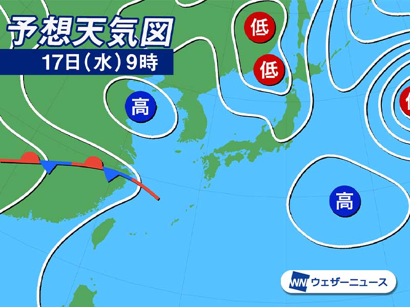 今日4月17日(水)の天気予報 関東より北は急な雷雨に 雨の後は黄砂に