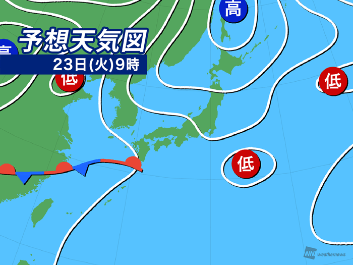 今日4月23日(火)の天気予報 西日本は雨で太平洋側は強雨注意 関東も雲