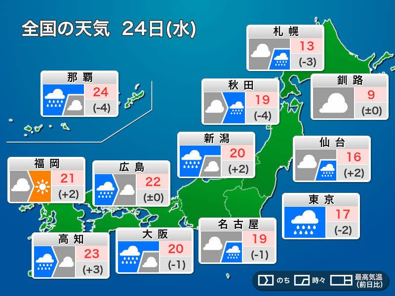 今日4月24日(水)の天気予報 関東は朝から本降りの雨 西日本は西から