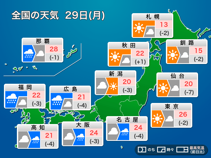 今日4月29日(月)昭和の日の天気予報 西日本から雨の範囲が拡大