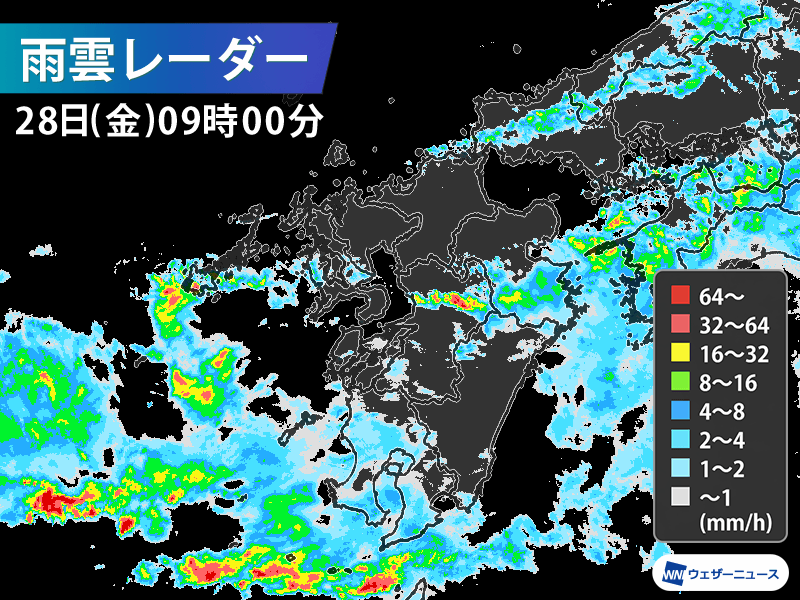 九州は断続的な強雨 海上で雨雲が発達し油断できない状況続く