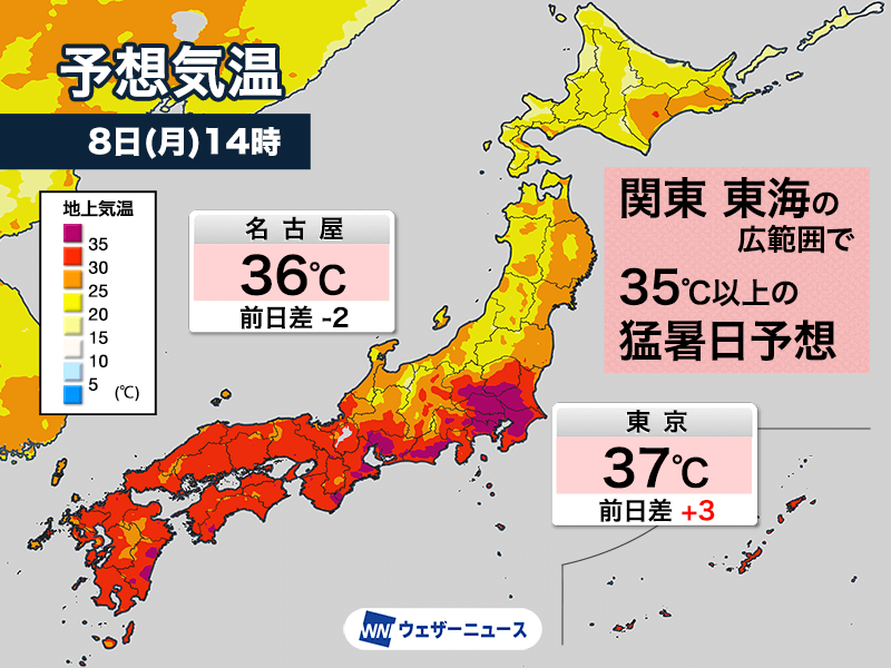 明日7月8日(月)の天気予報 東京で37℃予想など猛暑 東北や北陸は