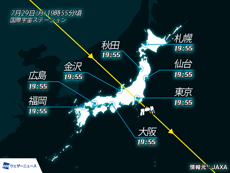 国際宇宙ステーション(ISS)/きぼう 今夜、日本上空を通過