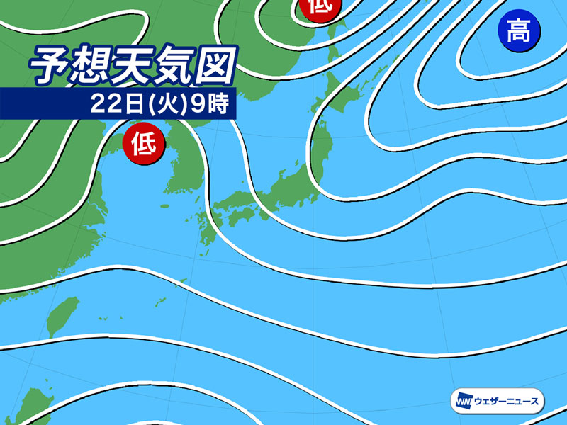 10年天気図: 明日の天気がひと目でわかる 明日10月22日(火)の天気予報 西日本は雨の範囲が広がる 東日本