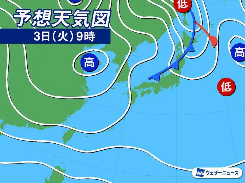 明日12月3日(火)の天気予報 北日本や北陸は雨 関東以西は日差し暖か