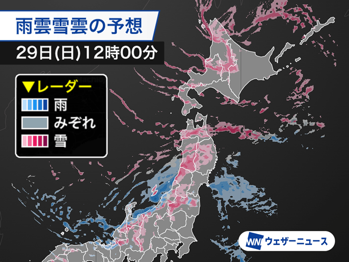 今日12月29日(日)の天気予報 日本海側は雪や雨が続く 関東は晴れても風